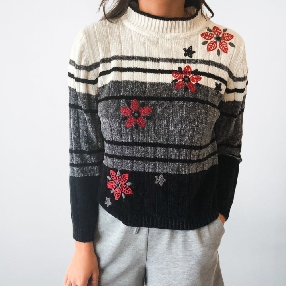 Alfred Dunner Petite Chenille Sweater Floral Embroidered Striped Mock Neck PL